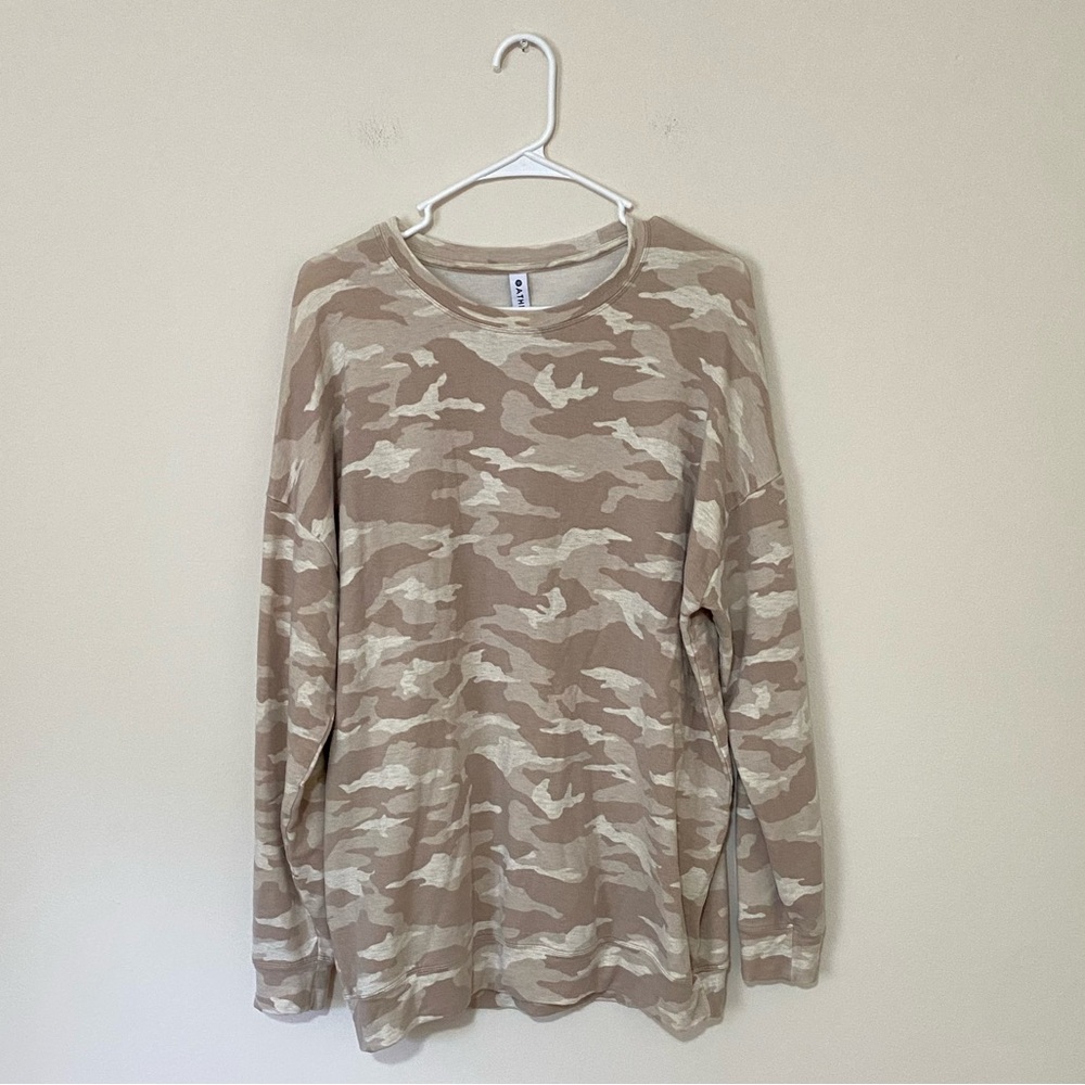 Athleta Balance Pullover Printed Sweatshirt Camo Lux Oatmeal Heather Size Large - Picture 2 of 6